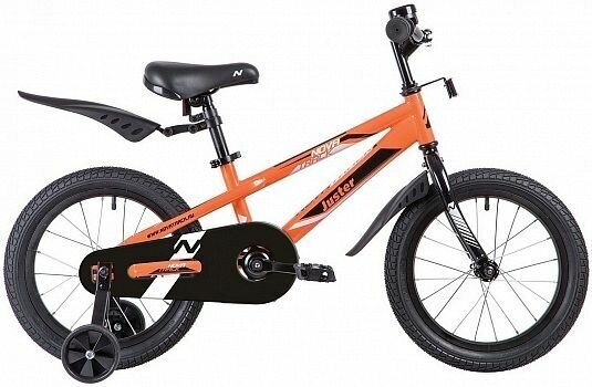 Велосипед Novatrack Juster 16" (2023) (Велосипед NOVATRACK 16" JUSTER оранжевый, тормоз нож, пласт крылья, полная защ. цепи)
