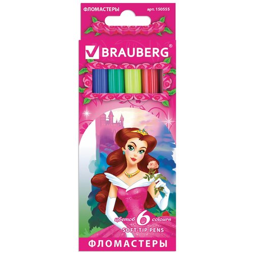 BRAUBERG Фломастеры brauberg rose angel , 6 цветов, вентилируемый колпачок, картонная упаковка, увеличенный срок службы, 150555, 12 шт.