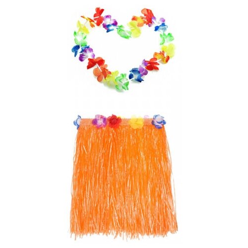 Гавайская юбка 40 см оранжевая, гавайское ожерелье 96 см