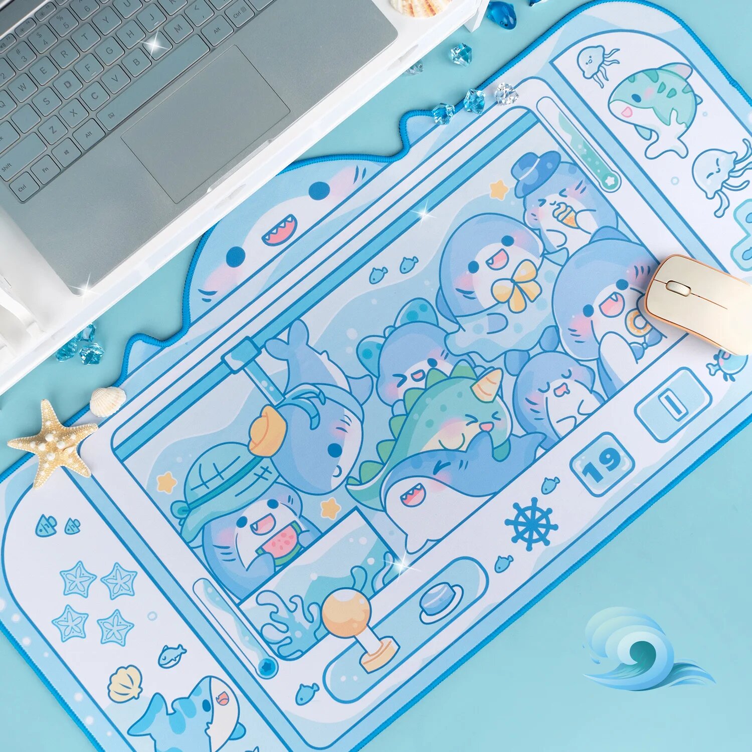 Большой настольный коврик для мыши Pastel Blue Shark