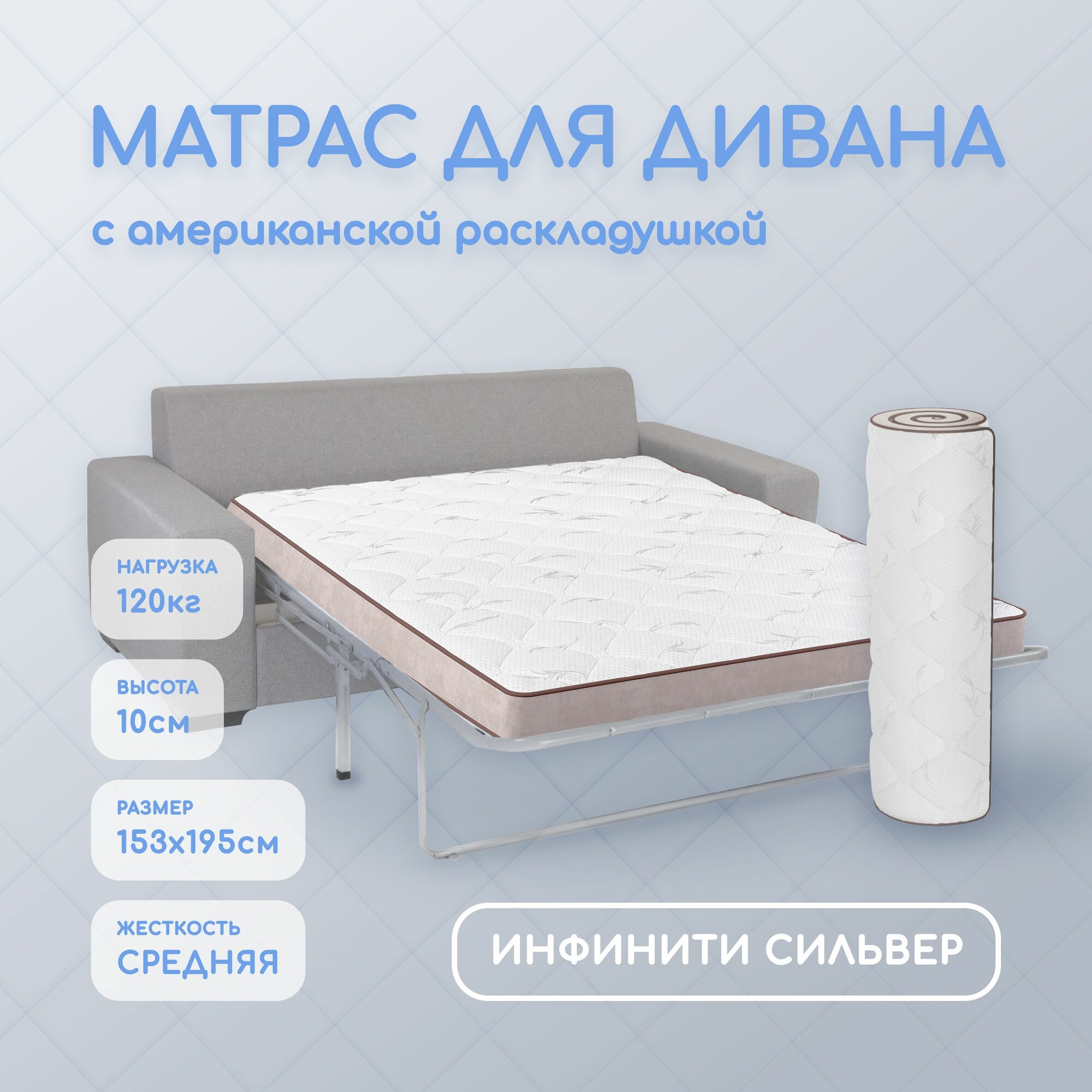 Матрас для дивана с американской раскладушкой 153х195х10, анатомический Инфинити Сильвер, беспружинный