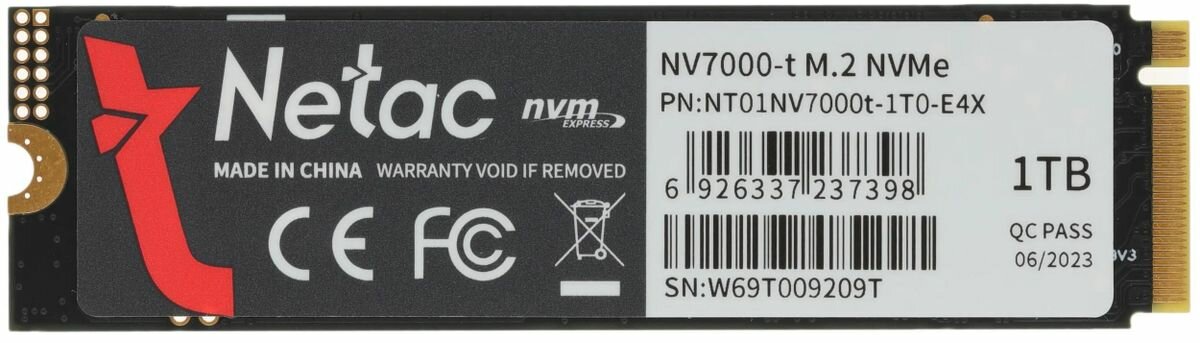 SSD накопитель NETAC NV7000-t NT01NV7000t-1T0-E4X 1ТБ, M.2 2280, PCIe 4.0 x4, NVMe, M.2