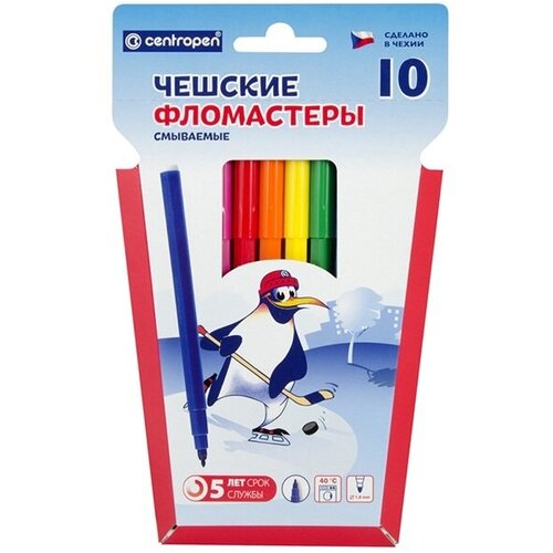 Набор фломастеров 10 цветов Centropen Пингвины (линия 1-2мм, смываемые) пвх-упаковка (7 7790 1086)