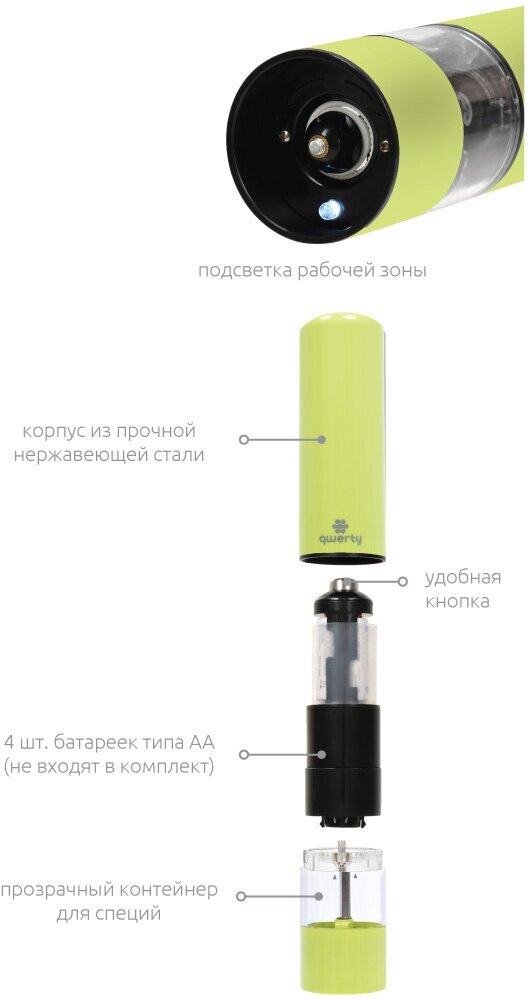 Электрическая мельница/электромельница для специй/перца/соли/приправ, цвет салатовый, 5х23 см, на батарейках "Qwerty"
