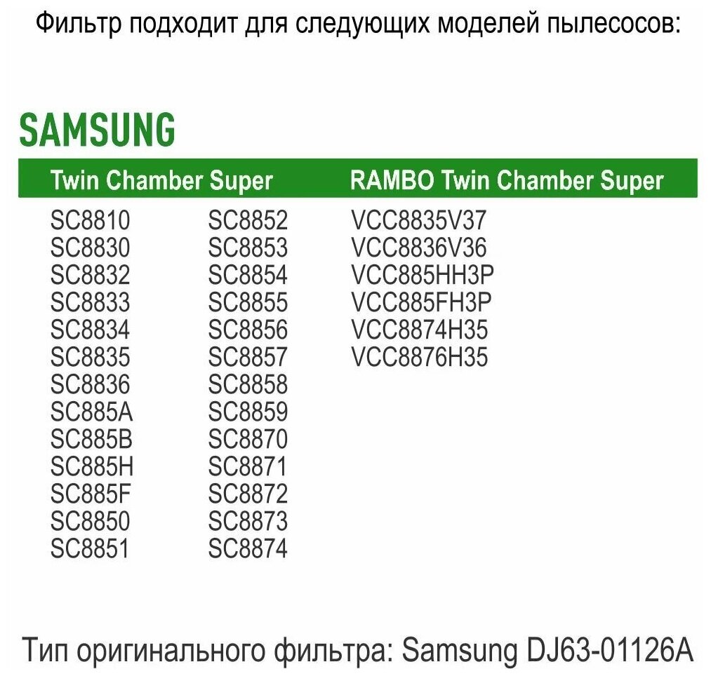 Моторный фильтр для пылесосов Samsung SC8836, SC8830, SC8835, SC8852, SC8870, SC8833, SC885H (DJ63-01126A) - фотография № 2