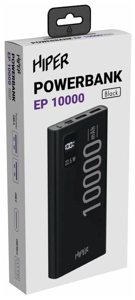 Мобильный аккумулятор HIPER EP 10000 черный (ep 10000 black) - фото №3