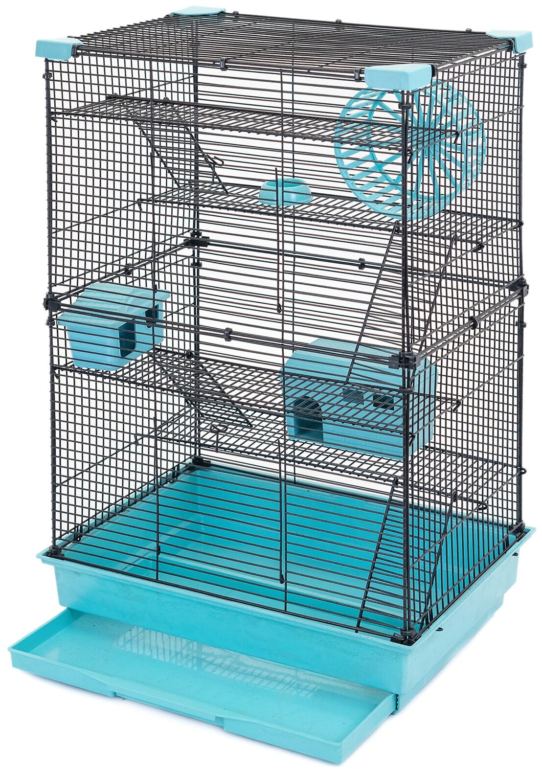 Клетка для грызунов 42 х 30 х 65см "PetTails" Cooper 4 этажа, разборная, шаг прута 10,5мм, (+2 домика,2 колеса,миска) бирюзовая - фотография № 2