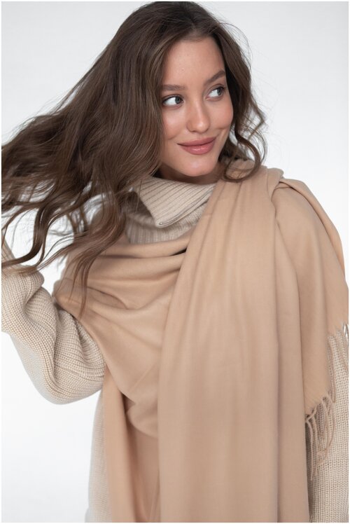 Палантин Cashmere, кашемир, с бахромой, 180х70 см, бежевый