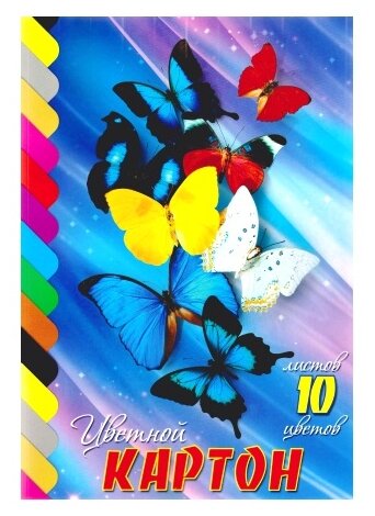 Набор цветного картона Бабочки А4, 10 листов, 10 цветов, мелованный, склейка Hatber 10Кц4к_10877 - 1 шт.