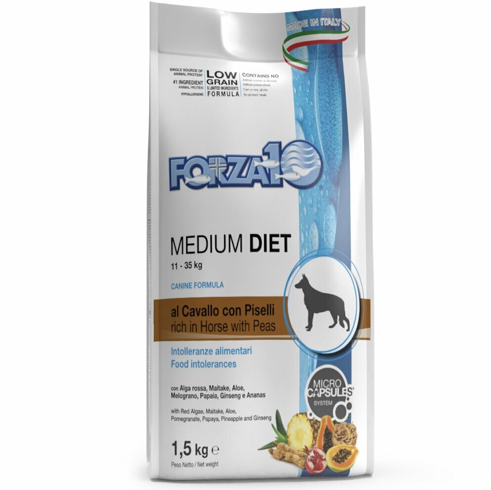 Forza 10 Medium Diet Low Grain Cav pis (26/14) 1,5 kг / Полнорационный диетический корм для взрослых собак средних пород из конины, гороха и риса с микрокапсулами 1,5 кг