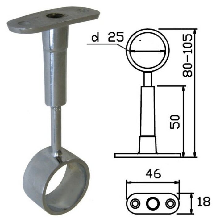 Штангодержатель для трубы, тип 2, на ножке, d 25 мм, регулируемый, сквозной, цвет хром - фотография № 2