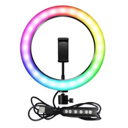 Кольцевая лампа цветная MJ33 RGB 33 см, с держателем для смартфона шириной 6-9 см на гибкой ножке и пультом на проводе USB