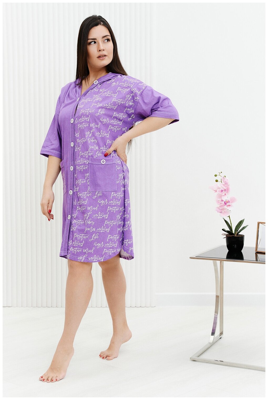 Халат Натали средней длины, укороченный рукав, капюшон, карманы, трикотажная, размер 52, фиолетовый - фотография № 11