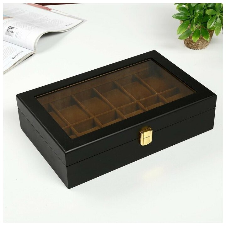 фото Шкатулка дерево под часы 12 отделений "Чёрная матовая" 8.3х31х20 см