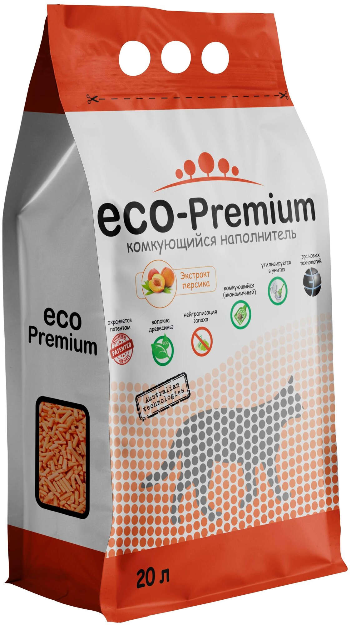 Наполнитель древесный комкующийся, ECO-Premium (Эко-премиум) с запахом персика, 7,6 кг, 20 л