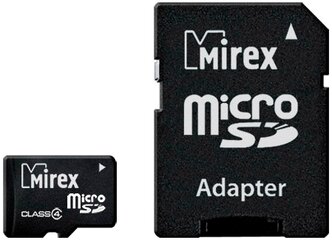 Карта памяти Mirex microSD Class 4 + SD adapter 2 GB, чтение: 12 MB/s, запись: 5 MB/s, адаптер на SD