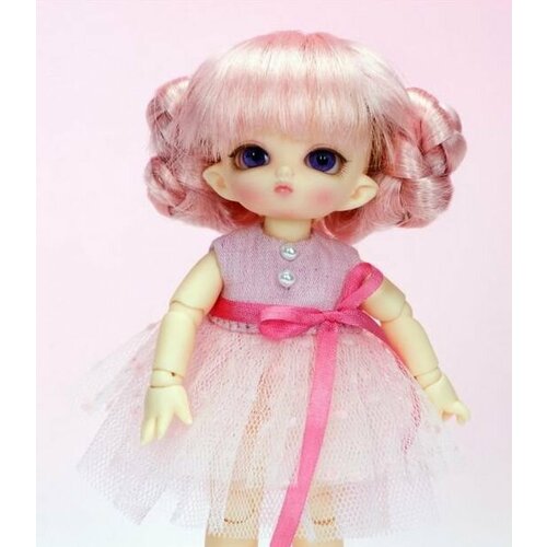 Fairyland Wig PW-123 pink for pukipuki (Парик короткий с косами розовый размер 10-12,5 см для кукол ПукиПуки Фейриленд)