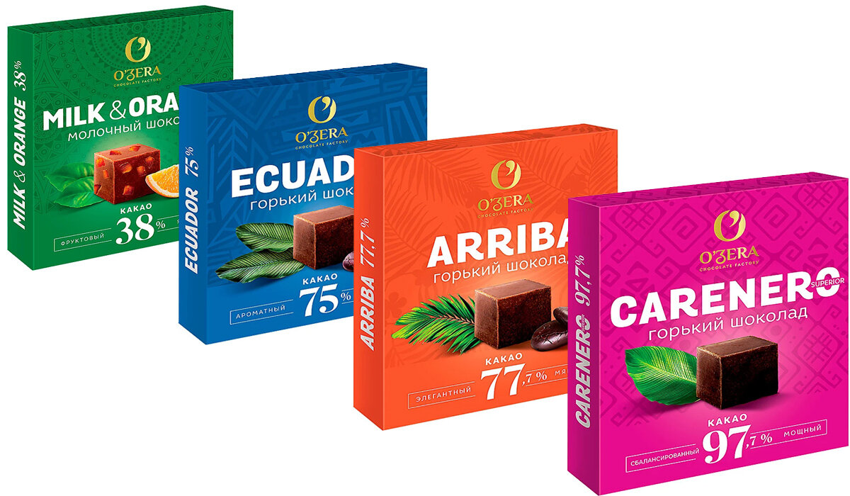 Микс шоколада "OZera" Ecuador, Milk & Orange, Arriba, Carenero Superior 4*90г