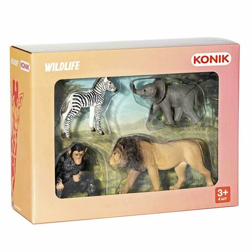 Konik Набор фигурок Дикие животные: лев, шимпанзе, слоненок, зебра Konik AMW2126