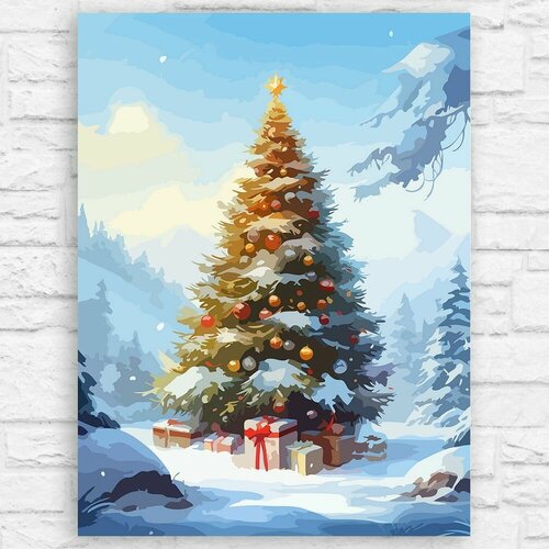 Картина по номерам на холсте новый год деревянный зеленый дракон (снег, зима, елка, подарки) - 12807 40х30