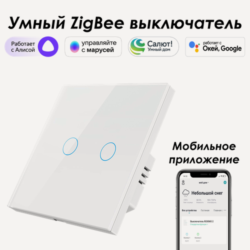 Изображение товара Умный Zigbee выключатель ROXIMO сенсорный, двухкнопочный, белый