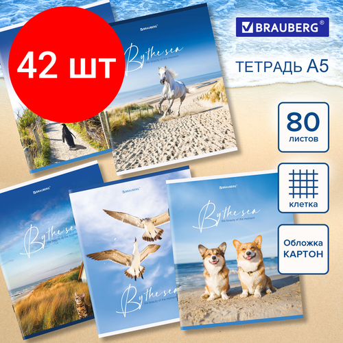 тетрадь а5 80 л brauberg скоба клетка обложка картон by the sea 404410 упаковка 14 шт Комплект 42 шт, Тетрадь А5, 80 л, BRAUBERG, скоба, клетка, By the Sea, 404410