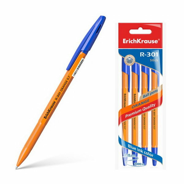 Набор ручек шариковых 4 штуки R-301 orange, узел 0.7 мм, чернила синие, длина линии письма 2000 метров, европодвес