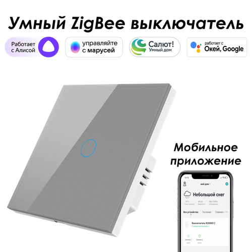 фото Умный zigbee выключатель roximo сенсорный, однокнопочный, серый