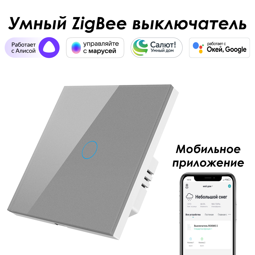 Умный Zigbee выключатель ROXIMO сенсорный, однокнопочный, серый