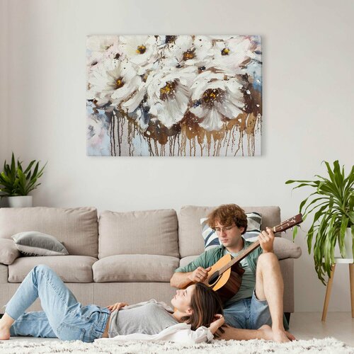 Картина на холсте для интерьера - Белые пионы цветы маслом 60х80 см