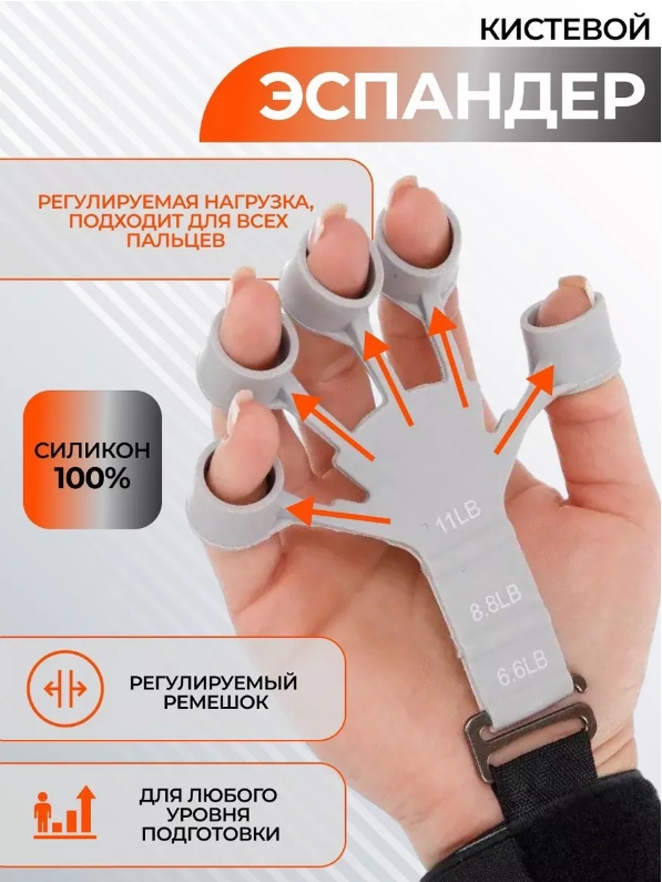 фото Тренажер для пальцев рук, эспандер кистевой для фитнеса рук, 3 уровня, серый