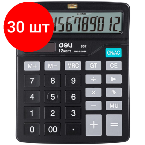 Комплект 30 штук, Калькулятор настольный комп. Deli E837, 12-р, дв. пит, 148x120мм, черный