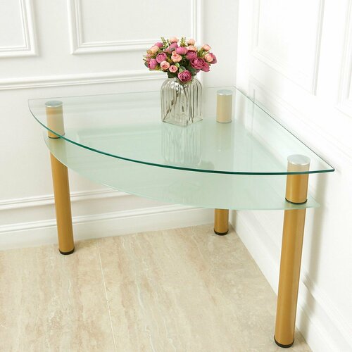 Угловой стол для кухни и гостинной с прозрачной столешницей и матовой полкой, три ножки золото