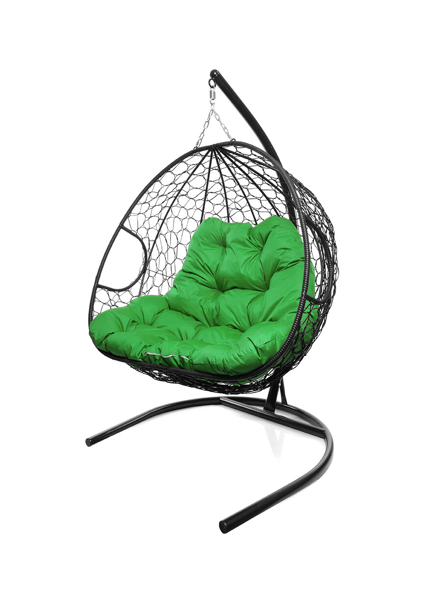 Подвесное кресло из ротанга "Для двоих" черное с зеленой подушкой M-GROUP