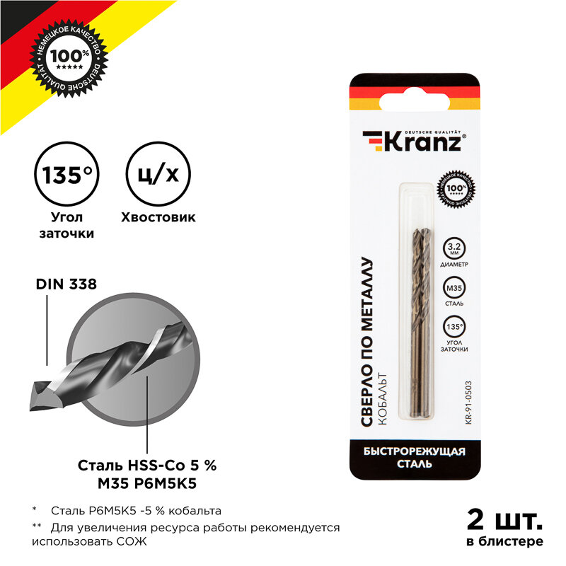 Сверло по металлу KRANZ 3,2 мм, с добавлением кобальта повышенной прочности, стандарт качества DIN 338