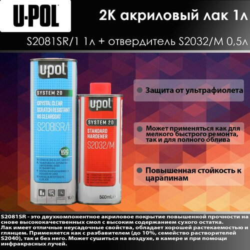 U-Pol S2081SR HS Лак повышенной прочности Clear 21 1л Прозрачный S2032M Отвердитель стандарт 05л 2610₽