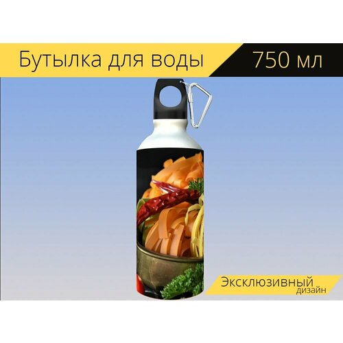 фото Бутылка фляга для воды "лапша, тальятелле, макаронные изделия" 750 мл. с карабином и принтом lotsprints