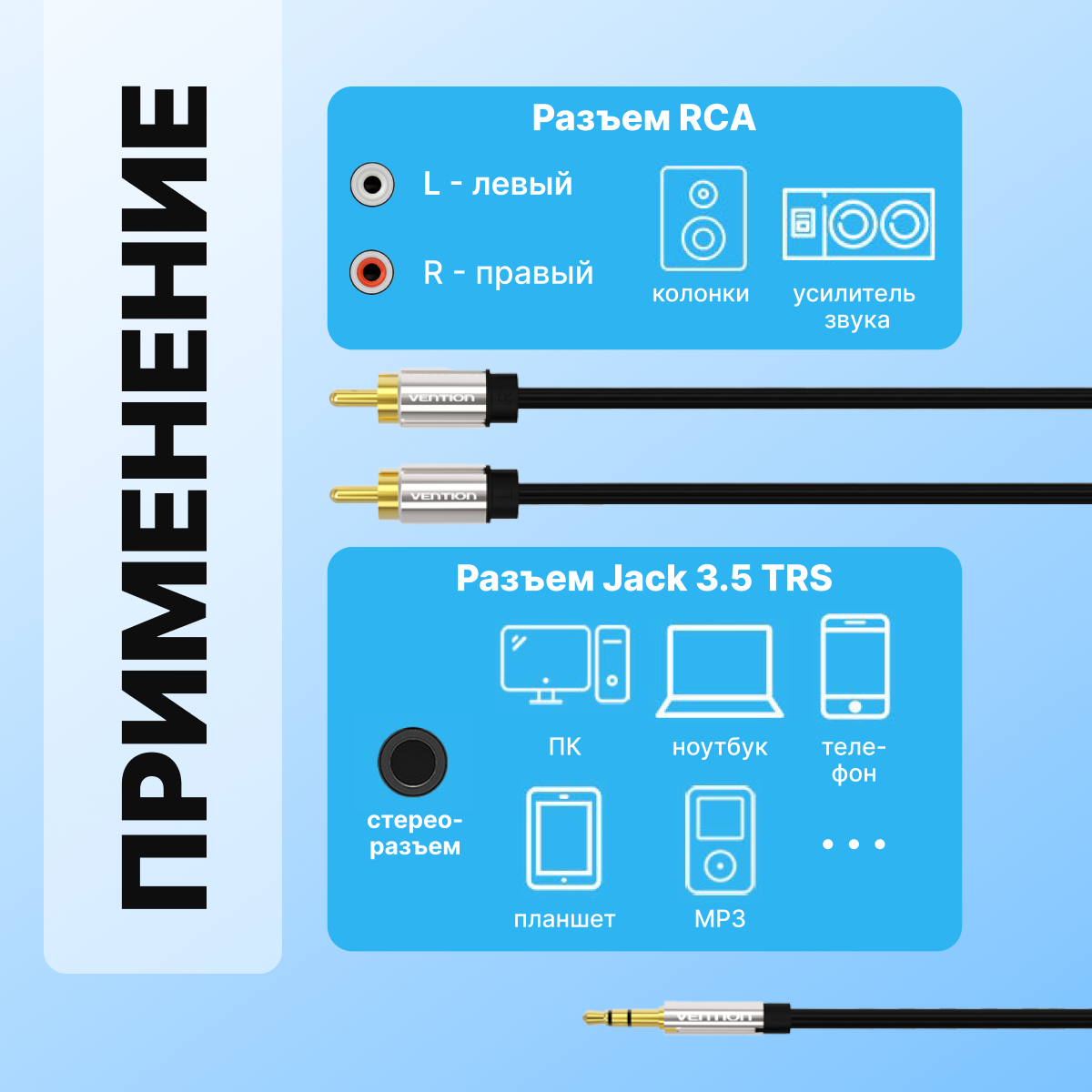 Кабель акустический Vention Jack 3,5 mm M/2RCA M - 5 м Чёрный - фото №4