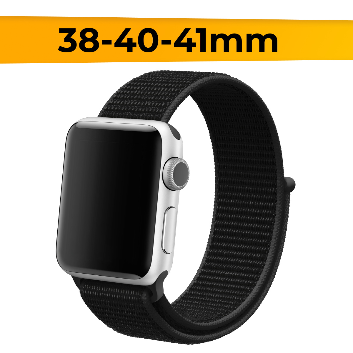 Нейлоновый ремешок для смарт часов Apple Watch 38-40-41mm / Эластичный браслет для Эпл Вотч 1-9 и SE / Сменный тканевый ремешок на липучке / Черный