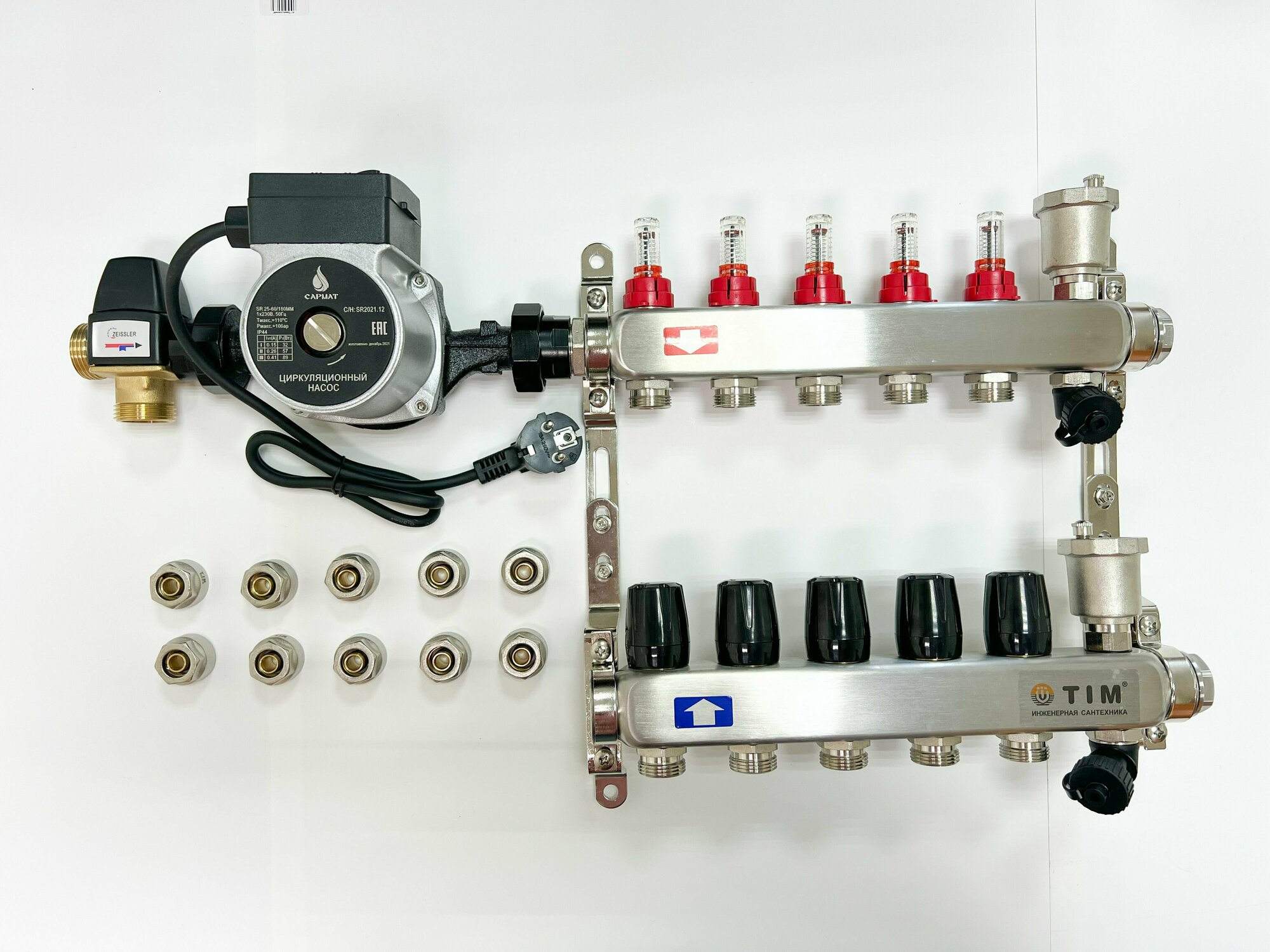 Комплект для водяного теплого пола с насосом (до 70 кв. м): Коллектор 5 выходов с расходомерами + термостатический клапан + насос