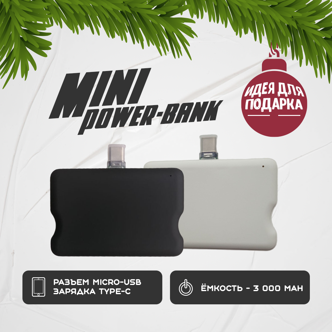 Портативный мини-Powerbank Type-C. Внешний аккумулятор для зарядки. 3000 mAh, 1.2 А. Цвет - черный