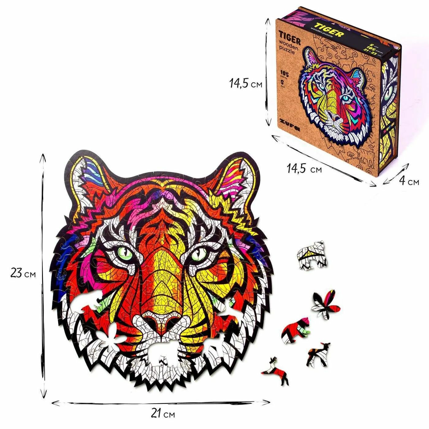 Деревянный пазл с двухслойной крышкой Тигр, 105 деталей Zufa - фото №10