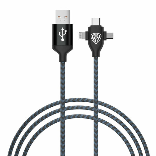 By кабель для зарядки 3 в 1 ip/micro usb /type-c, 1м, 2а, тканевая оплетка, чёрный