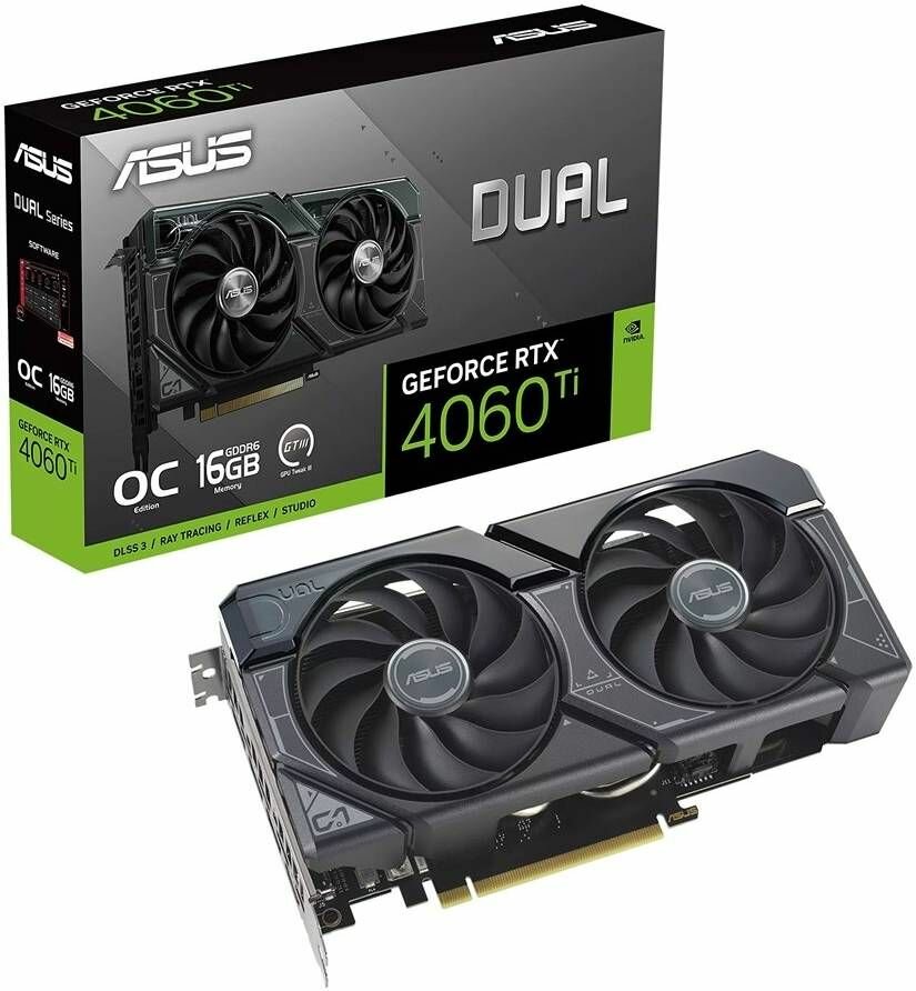 Видеокарта ASUS DUAL-RTX4060TI-O16G (16 ГБ, GDDR6, Ultra HD 8K (7680x4320), PCI-E 4.0), 90YV0JH0-M0NA00