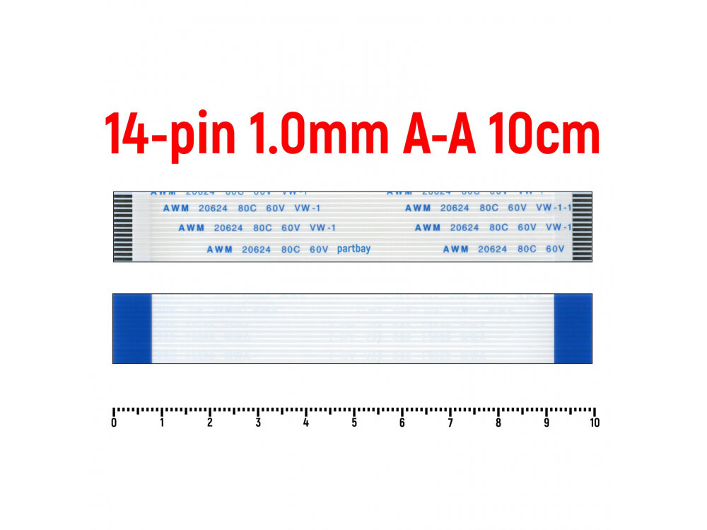 Шлейф FFC 14-pin Шаг 1.0mm Длина 10cm Прямой A-A AWM 20624 80C 60V VW-1