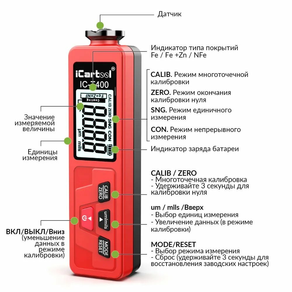 Толщиномер лакокрасочных покрытий Fe+Zn iCartool IC-T400