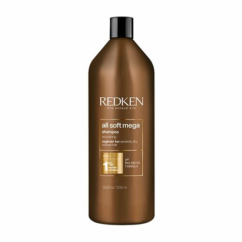 Шампунь для волос женский Redken All Soft Mega Shampoo 1000 мл, увлажняющий для очень сухих и ломких волос redken all soft conditioner кондиционер для питания и смягчения волос 1000 мл