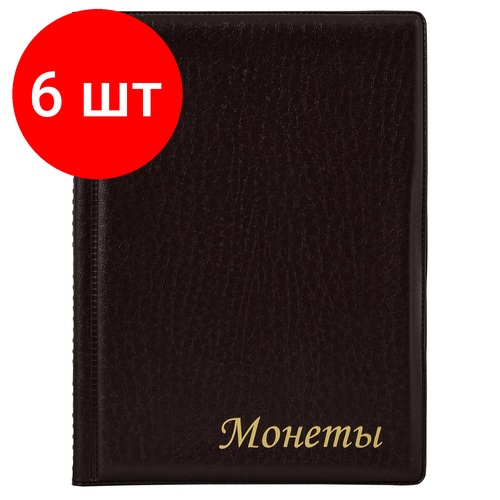 альбом для монет из экокожи с 12 листами вишнёвый Комплект 6 шт, Альбом нумизмата для 96 монет, 125х175 мм, комбинированный, ПВХ, бордовый, STAFF, 238073