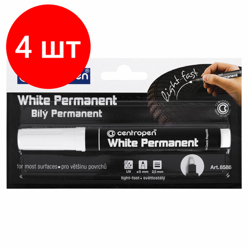 Комплект 4 шт, Маркер перманентный белый CENTROPEN, круглый наконечник, 2.5 мм, блистер, 8586, 5 8586 6000 маркер перманентный 8586 5 0 мм белый 10 шт