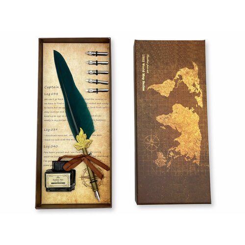 Подарочный набор для каллиграфии перьевая ручка перо, черные чернила (Зеленая)